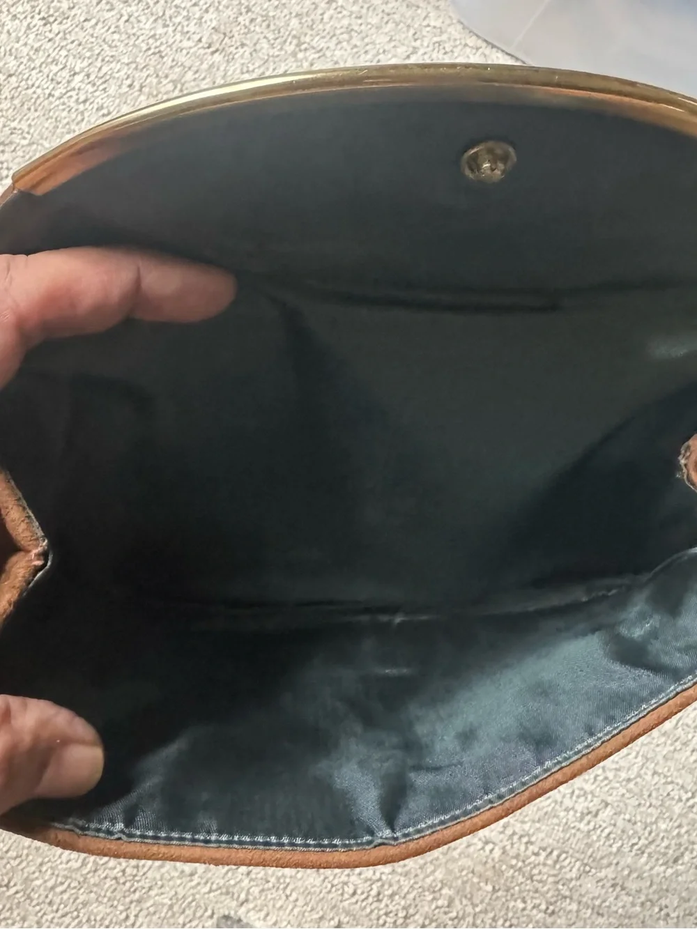 Vintage Brown Suede Envelope Clutch Handbag Gold Tone Accent Bar Metal Clasp
